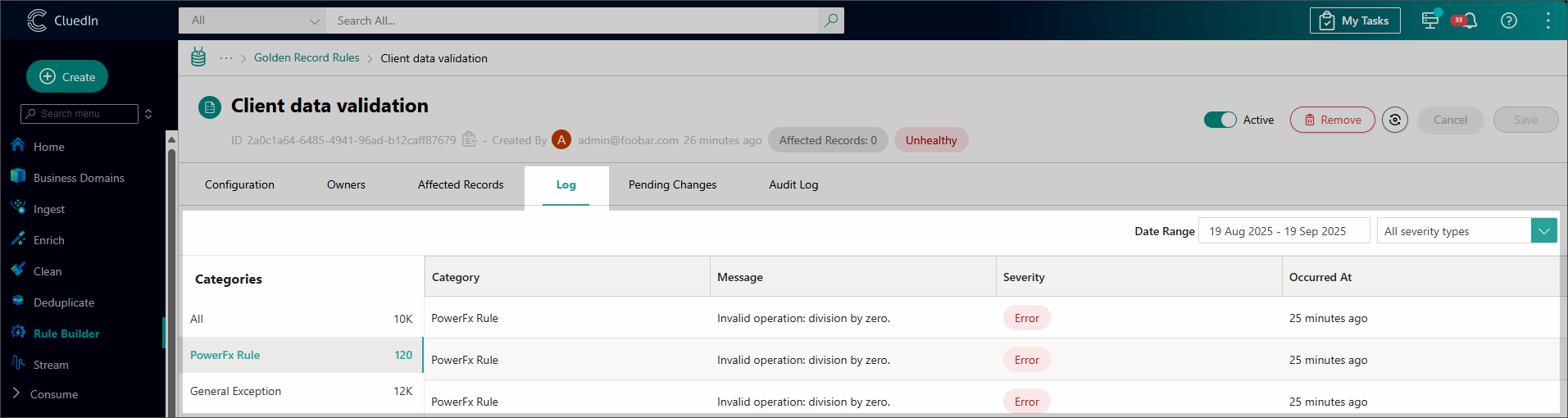 The Log tab of the Client data validation rule, listing PowerFx Rule errors with message, severity and time, filtered by category